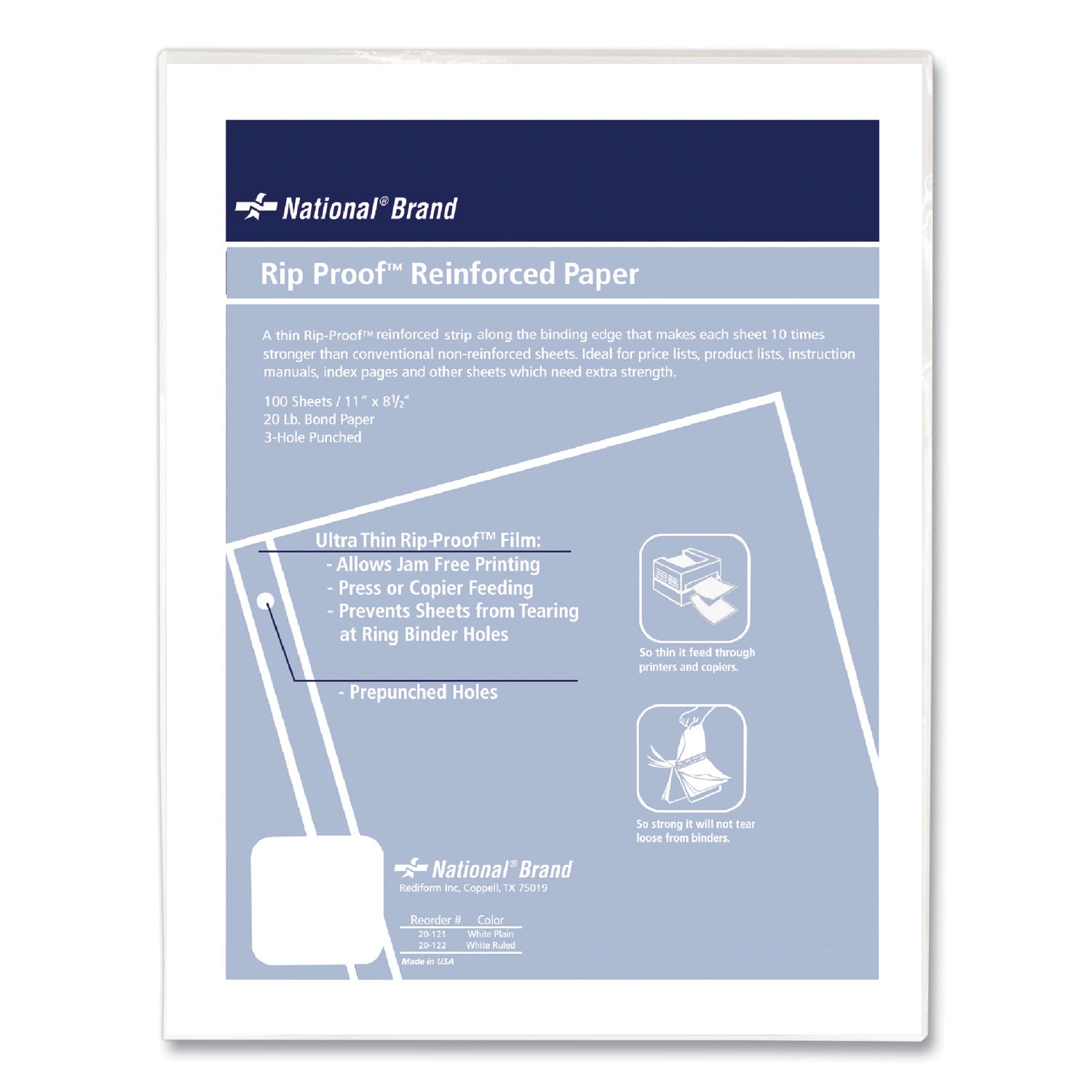 National Paper Rip Proof Reinforced Filler Paper, 3-Hole, 8.5 x 11, Unruled, 100/Pack (20121)