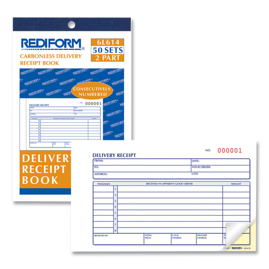 Rediform Delivery Receipt Book, Three-Part Carbonless, 6.38 x 4.25, 50 Forms Total (6L614)