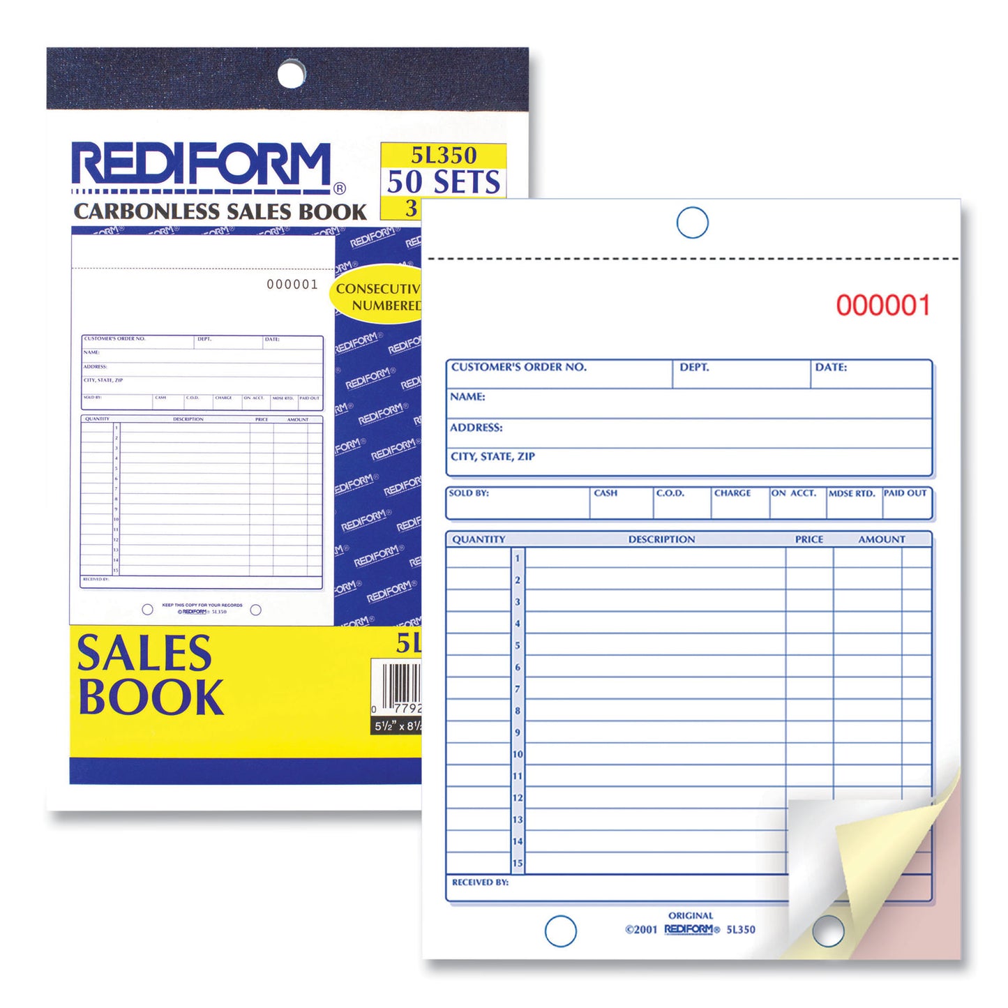 Rediform Sales Book, 15 Lines, Three-Part Carbonless, 5.5 x 7.88, 50 Forms Total (5L350)