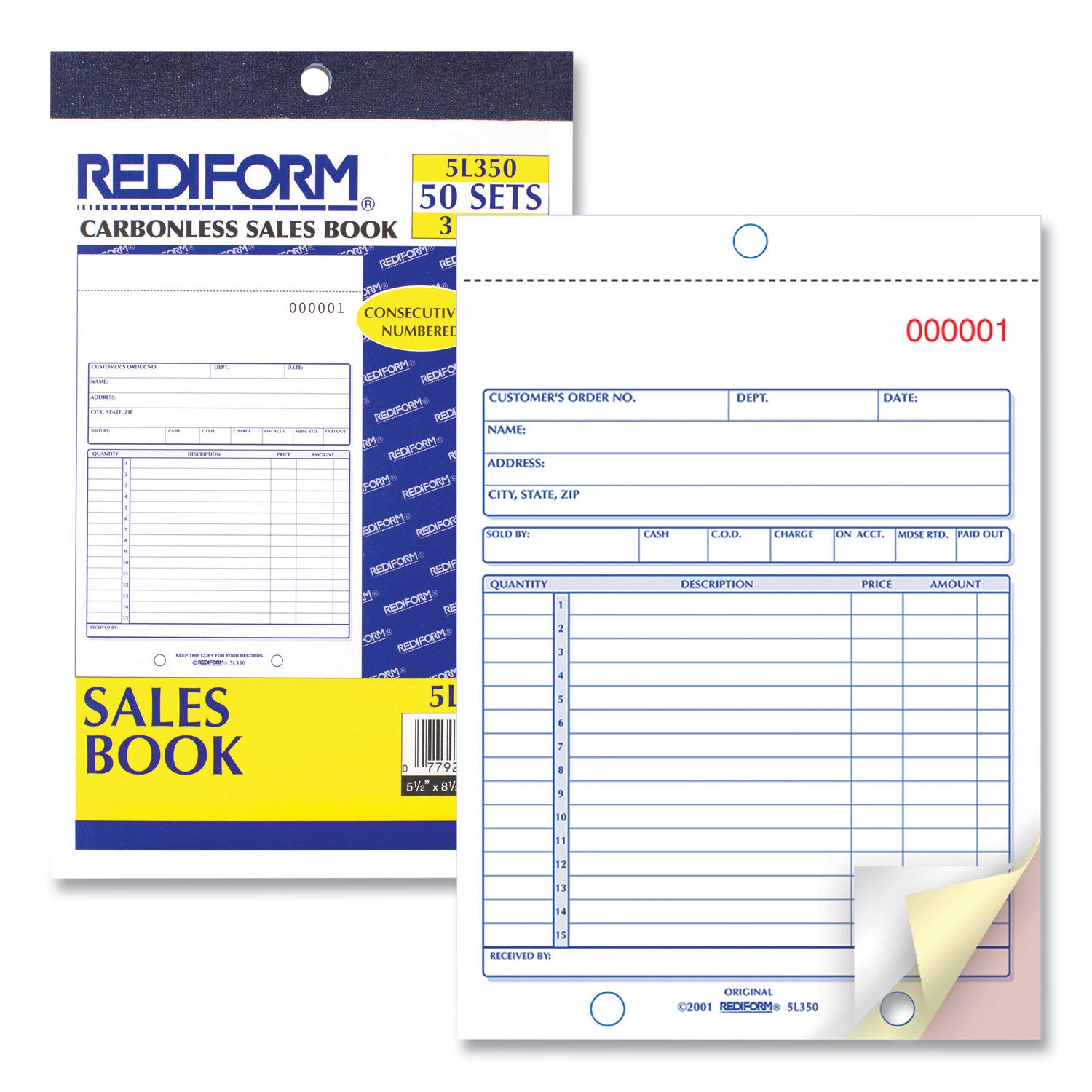 Rediform Sales Book, 15 Lines, Three-Part Carbonless, 5.5 x 7.88, 50 Forms Total (5L350)