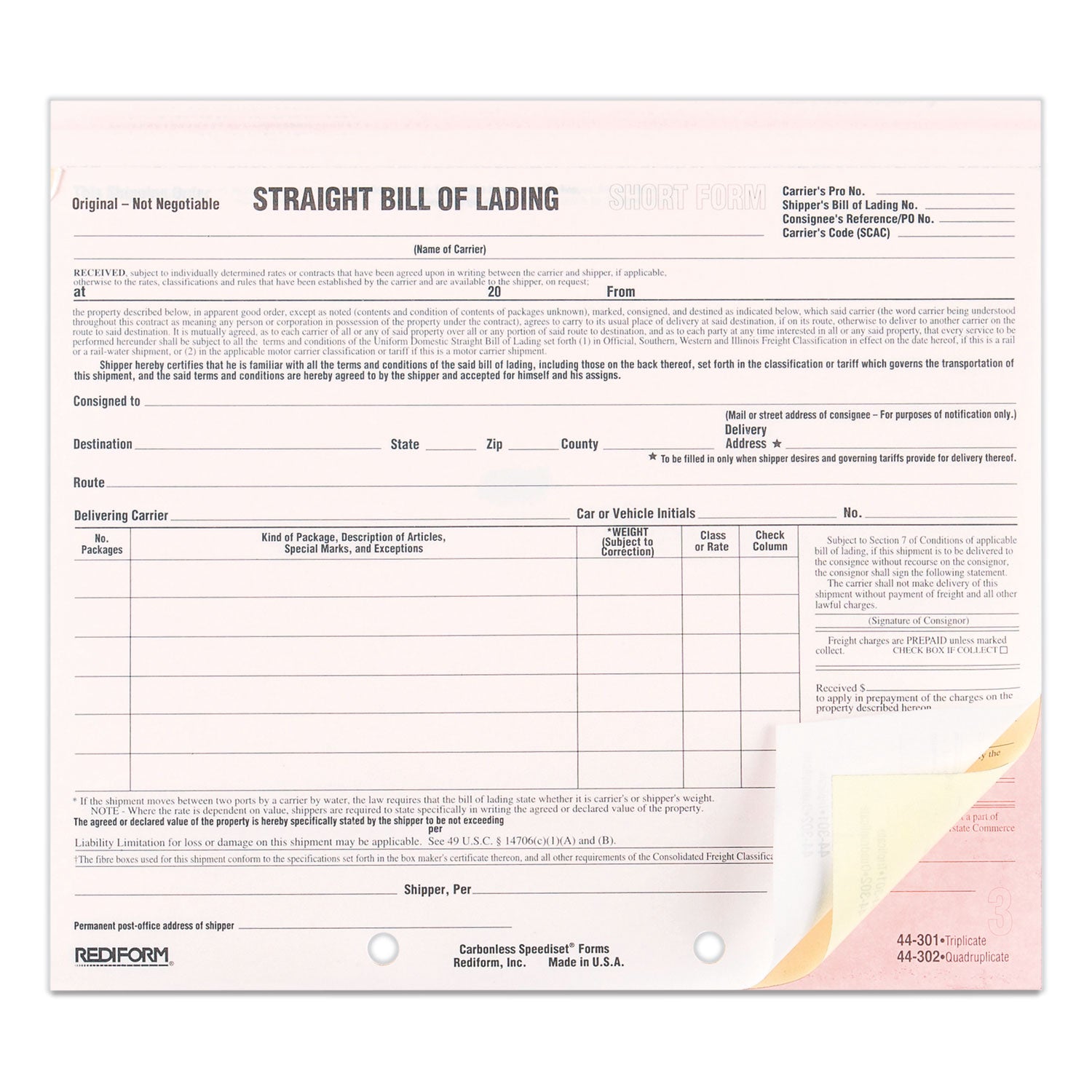 Rediform Snap-A-Way Bill of Lading, Short Form, Three-Part Carbonless, 7 x 8.5, 250 Forms Total (44301)