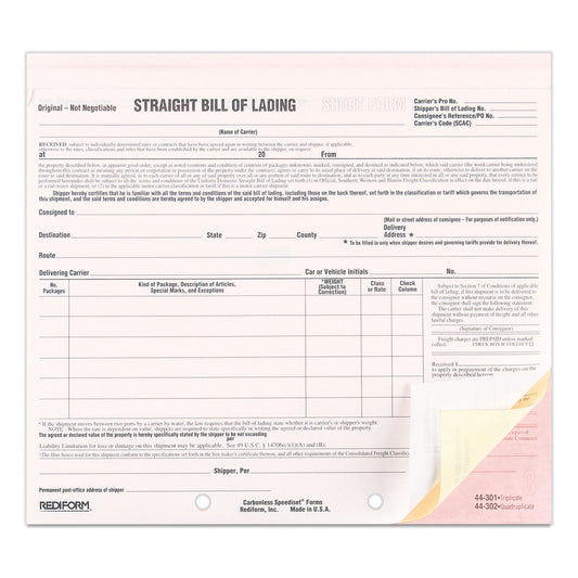 Rediform Snap-A-Way Bill of Lading, Short Form, Three-Part Carbonless, 7 x 8.5, 250 Forms Total (44301)