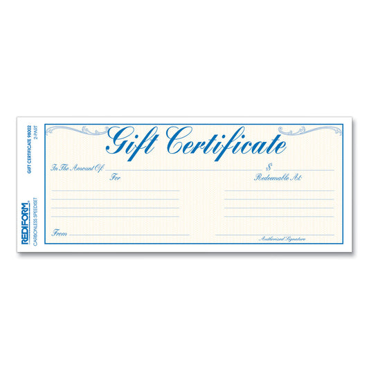 Rediform Gift Certificates with Envelopes, 8.5 x 3.67, Blue/Gold with Blue Border, 25/Pack (98002)