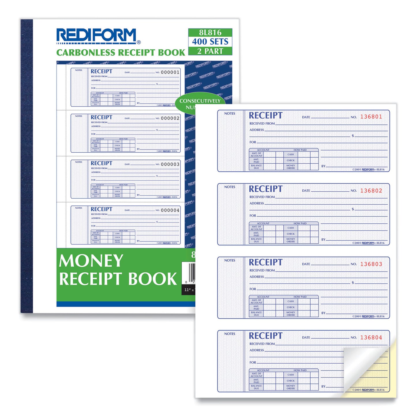 Rediform Receipt Book, Two-Part Carbonless, 7 x 2.75, 4 Forms/Sheet, 400 Forms Total (8L816)