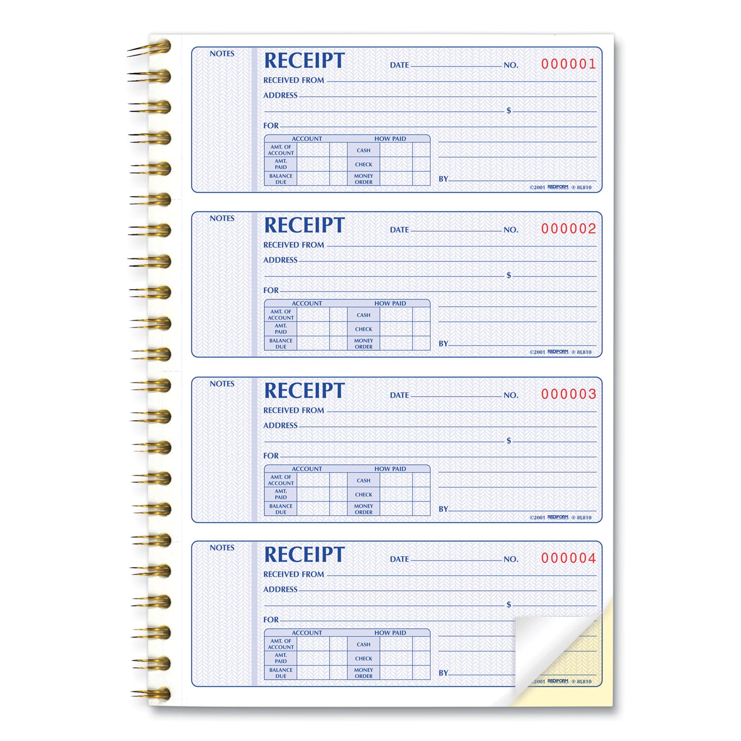 Rediform Gold Standard Money Receipt Book, Two-Part Carbonless, 7 x 2.75, 4 Forms/Sheet, 300 Forms Total (8L810)