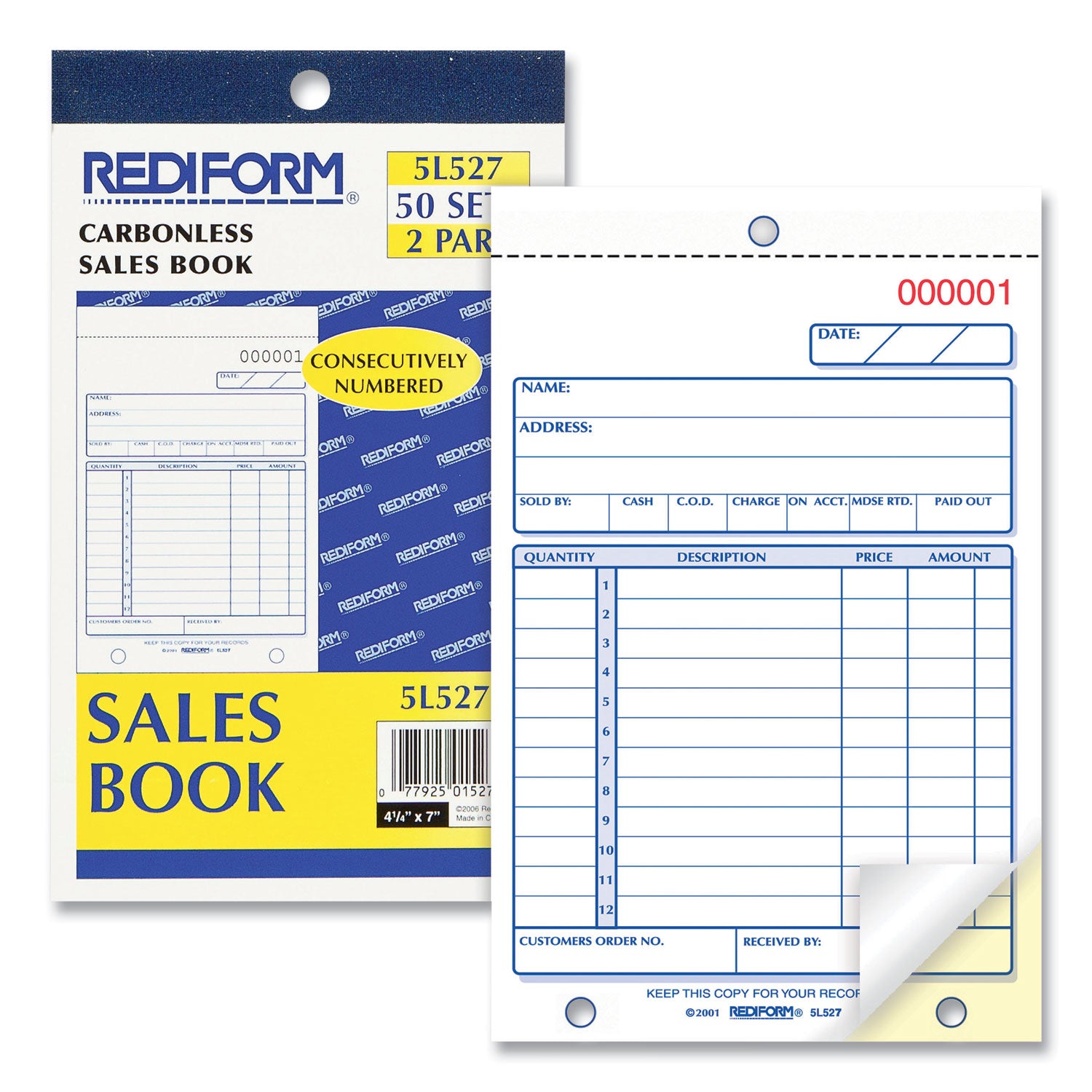 Rediform Sales Book, 12 Lines, Two-Part Carbonless, 4.25 x 6.38, 50 Forms Total (5L527)