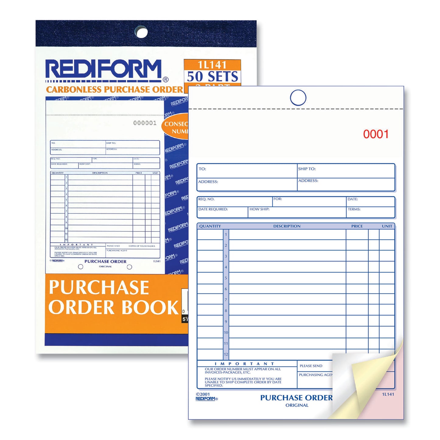 Rediform Purchase Order Book, 12 Lines, Three-Part Carbonless, 5.5 x 7.88, 50 Forms Total (1L141)