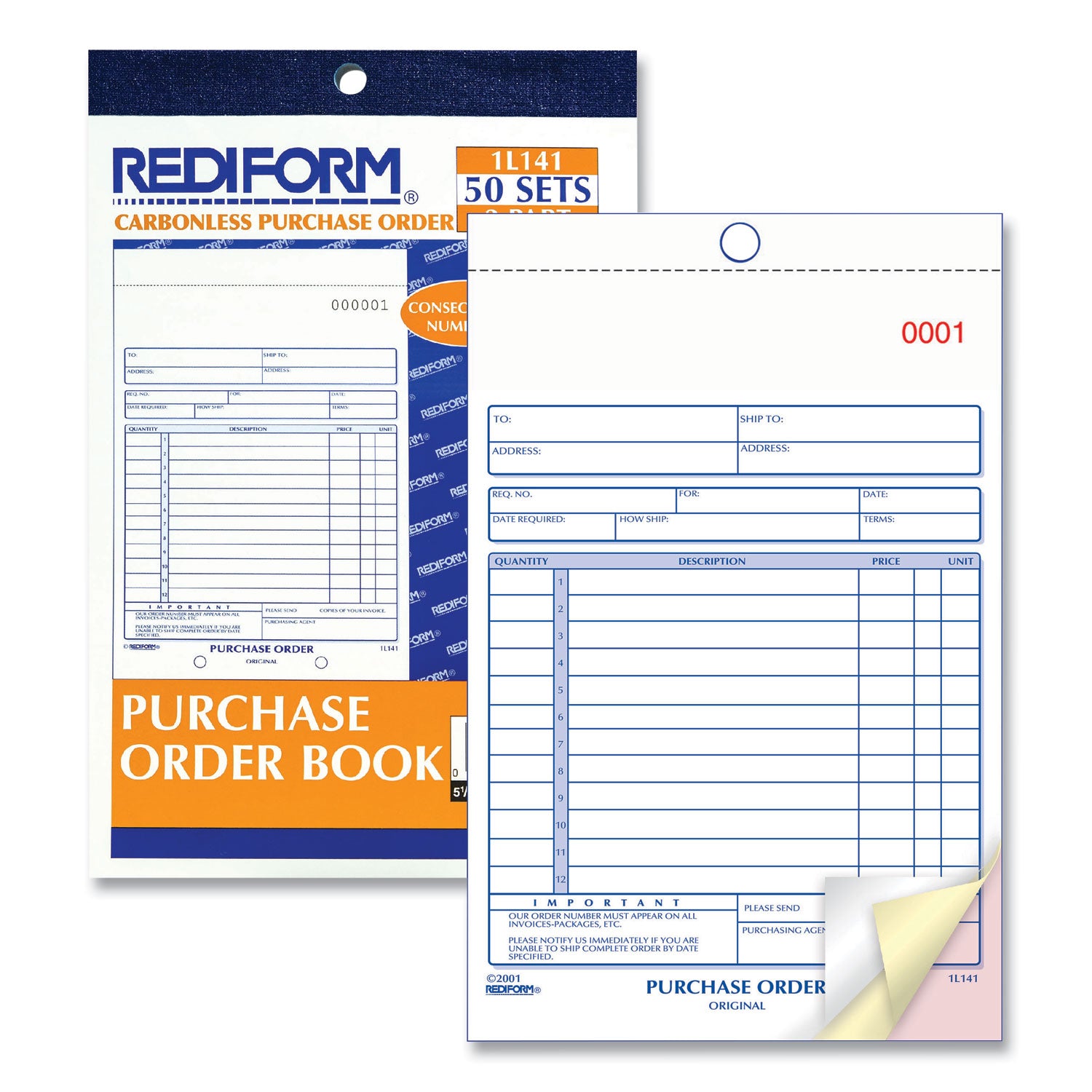 Rediform Purchase Order Book, 12 Lines, Three-Part Carbonless, 5.5 x 7.88, 50 Forms Total (1L141)