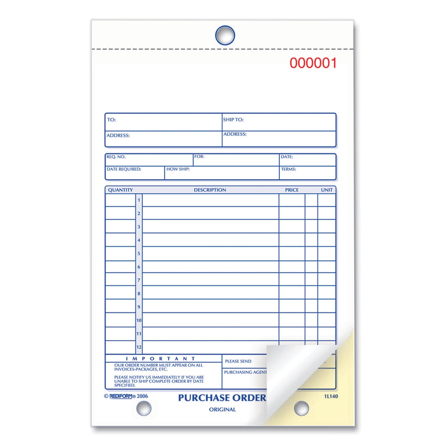 Rediform Purchase Order Book, 12 Lines, Two-Part Carbonless, 5.5 x 7.88, 50 Forms Total (1L140)