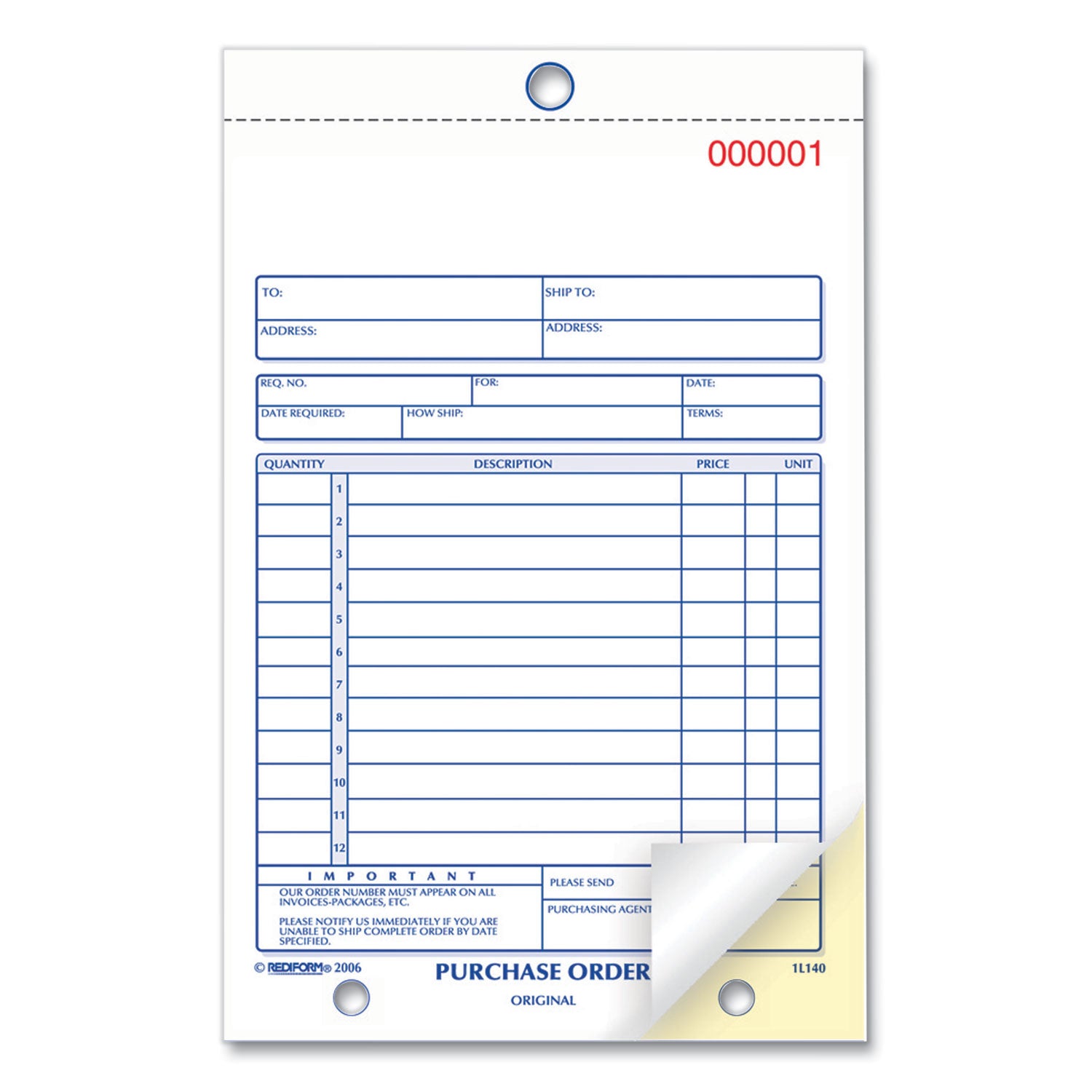 Rediform Purchase Order Book, 12 Lines, Two-Part Carbonless, 5.5 x 7.88, 50 Forms Total (1L140)
