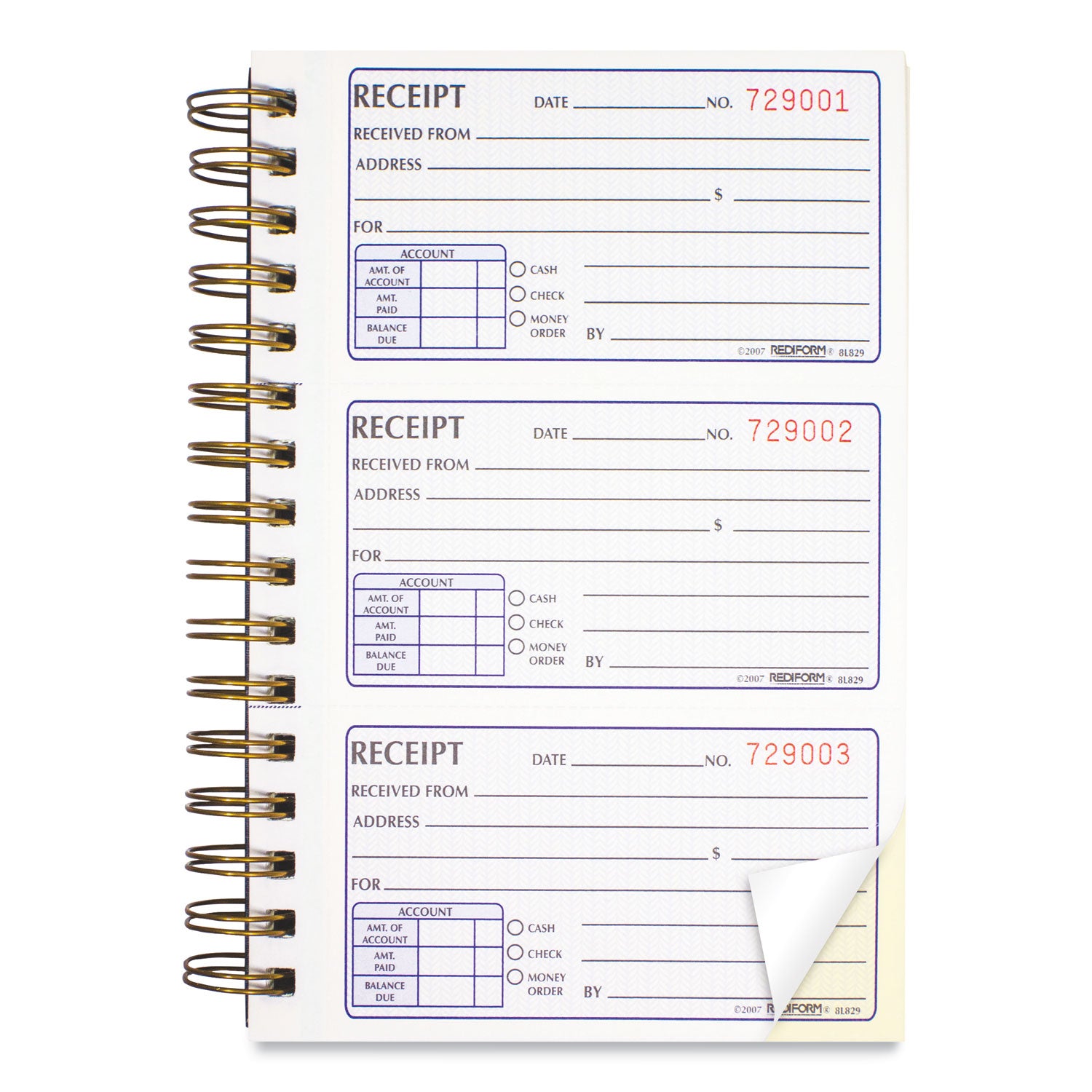 Rediform Gold Standard Money Receipt Book, Two-Part Carbonless, 5 x 2.75, 3 Forms/Sheet, 225 Forms Total (8L829)