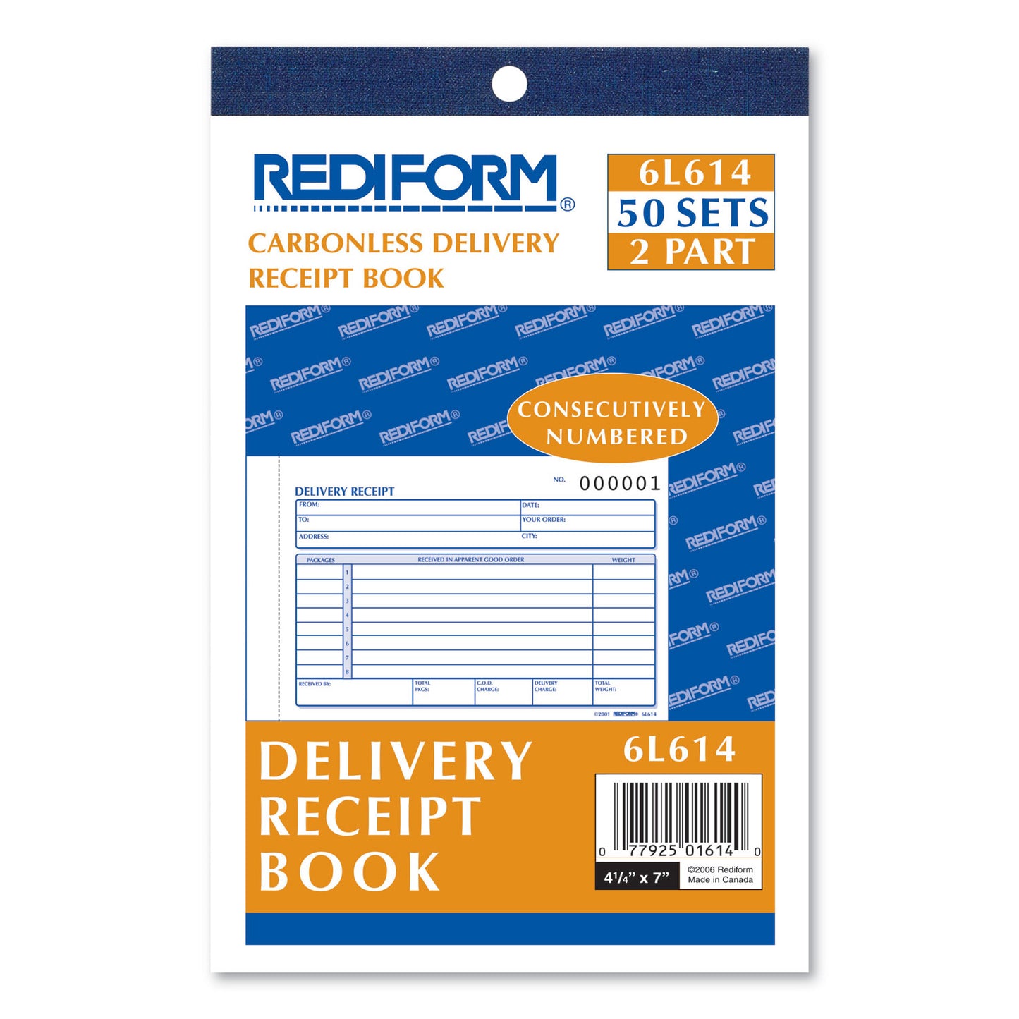 Rediform Delivery Receipt Book, Three-Part Carbonless, 6.38 x 4.25, 50 Forms Total (6L614)