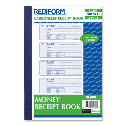 Rediform Money Receipt Book, Softcover, Three-Part Carbonless, 7 x 2.75, 4 Forms/Sheet, 100 Forms Total (8L808)
