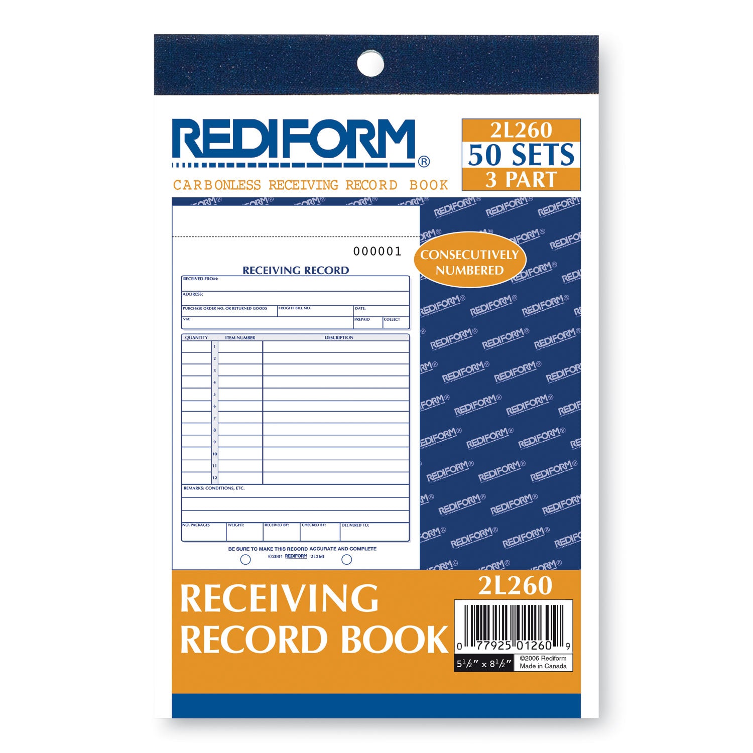 Rediform Receiving Record Book, Three-Part Carbonless, 5.56 x 7.94, 50 Forms Total (2L260)