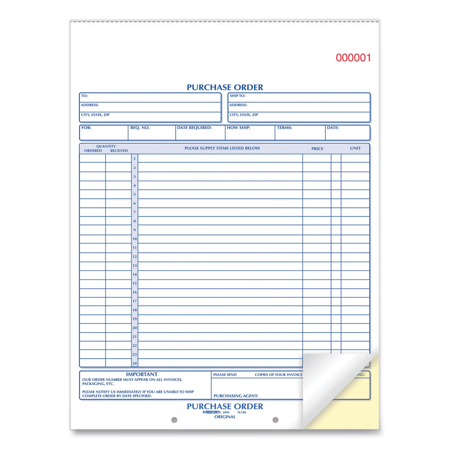 Rediform Purchase Order Book, 17 Lines, Two-Part Carbonless, 8.5 x 11, 50 Forms Total (1L146)