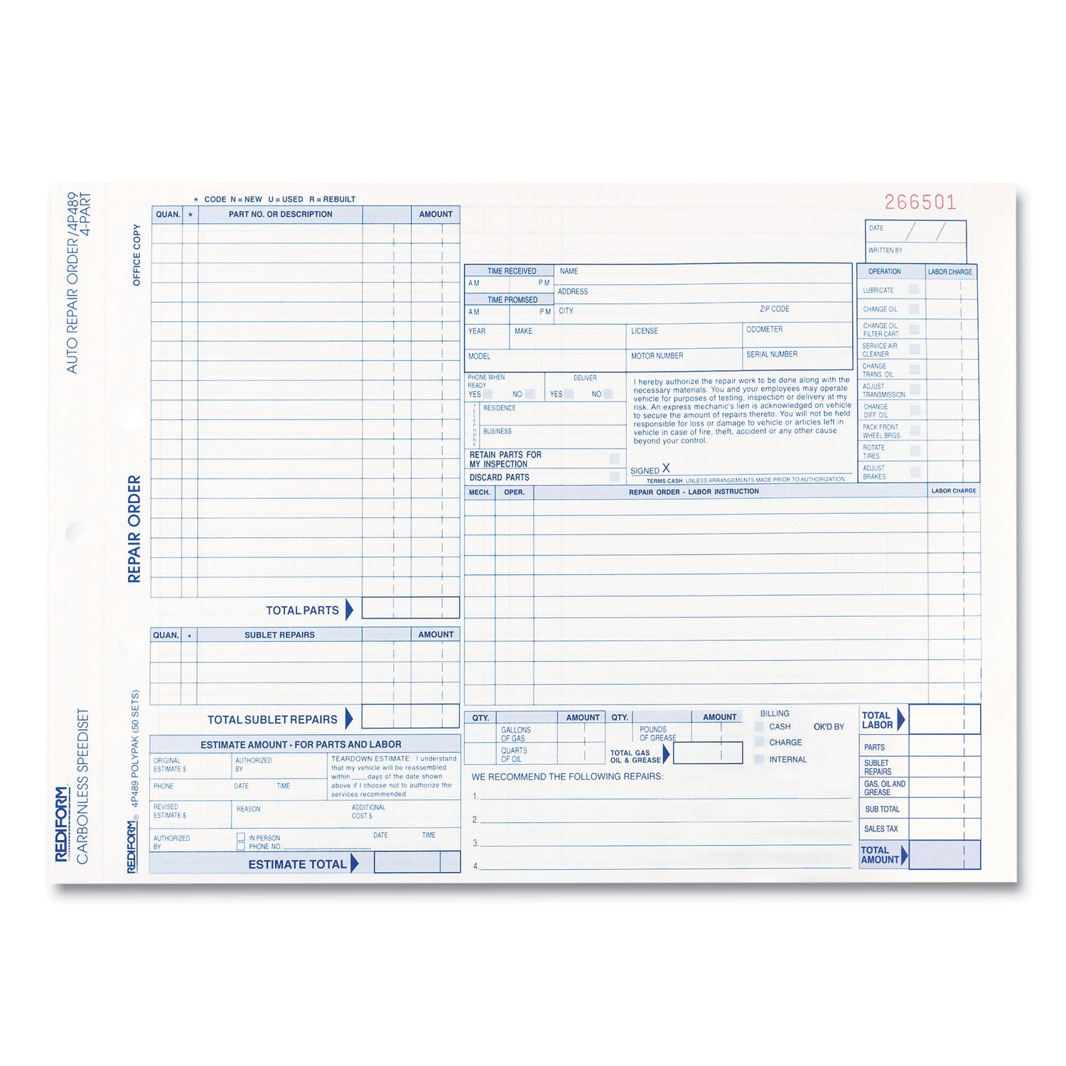 Rediform Speediset Four-Part Auto Repair Form, Four-Part Carbonless, 11 x 8.5, 50 Forms Total (4P489)