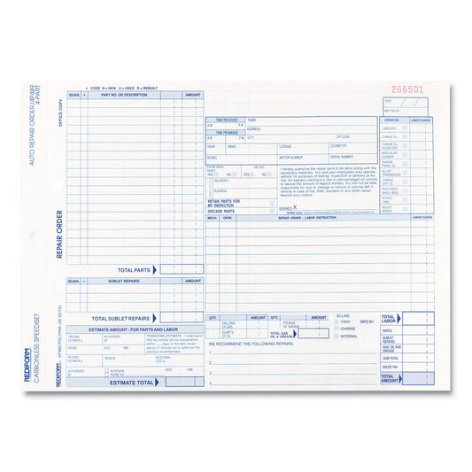 Rediform Speediset Four-Part Auto Repair Form, Four-Part Carbonless, 11 x 8.5, 50 Forms Total (4P489)
