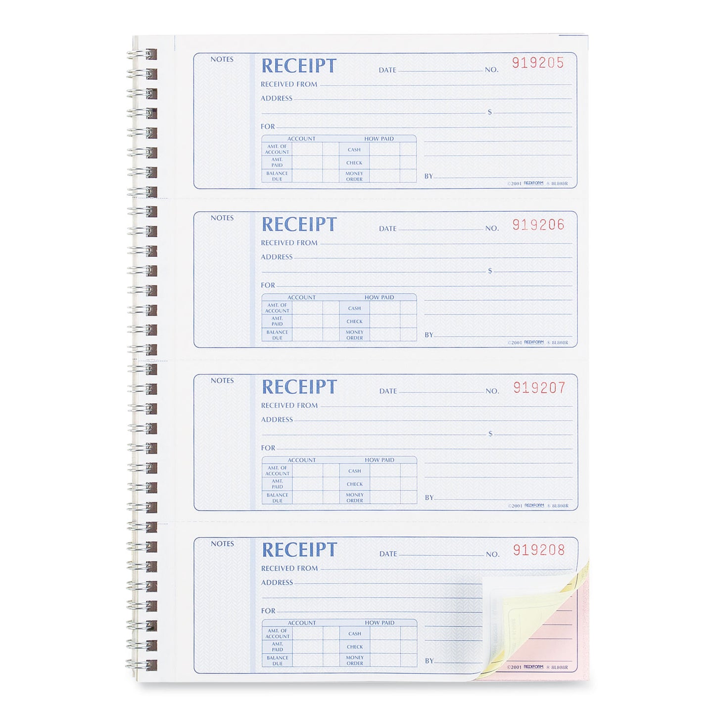 Rediform Money Receipt Book, FormGuard Cover, Three-Part Carbonless, 7 x 2.75, 4 Forms/Sheet, 100 Forms Total (8L808R)