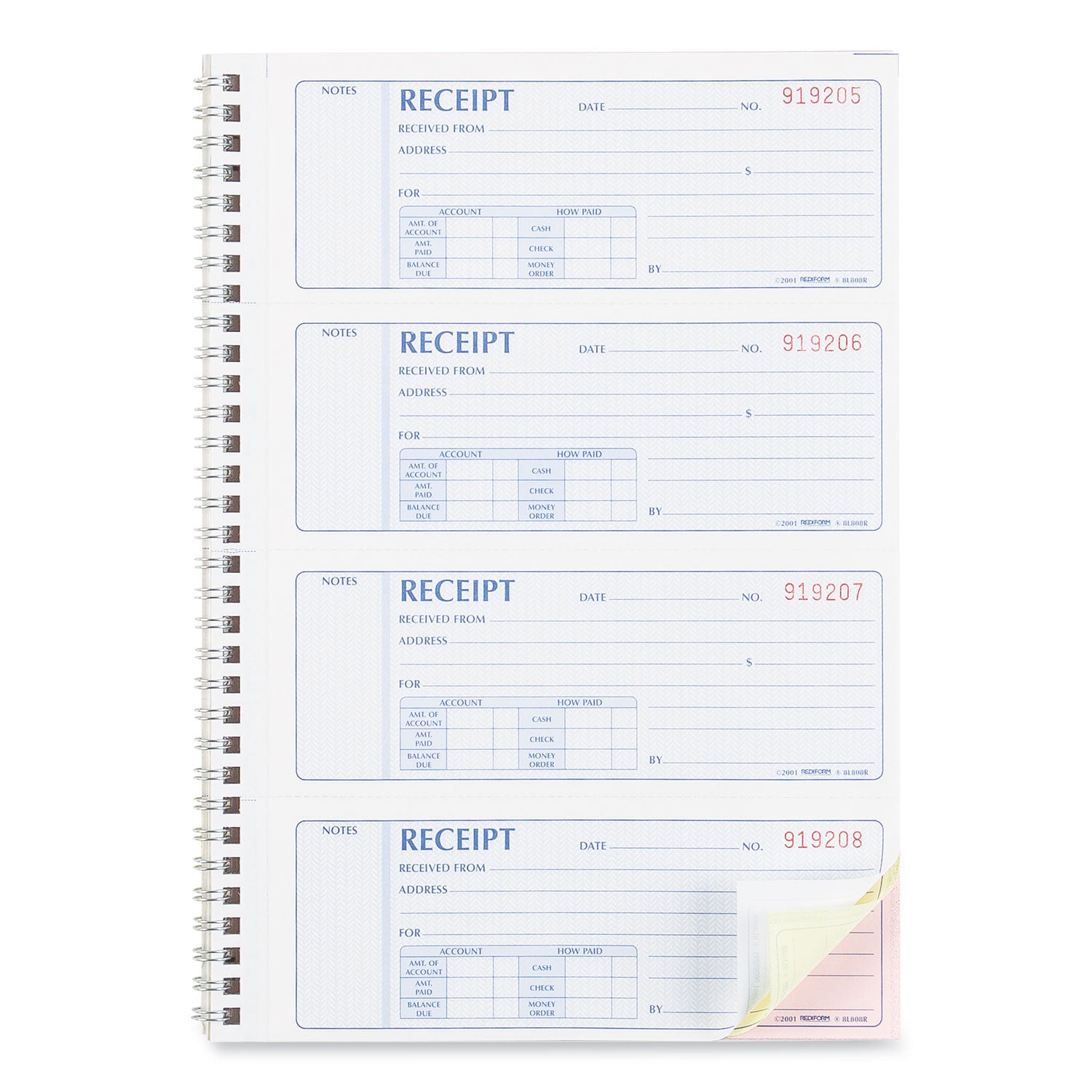 Rediform Money Receipt Book, FormGuard Cover, Three-Part Carbonless, 7 x 2.75, 4 Forms/Sheet, 100 Forms Total (8L808R)