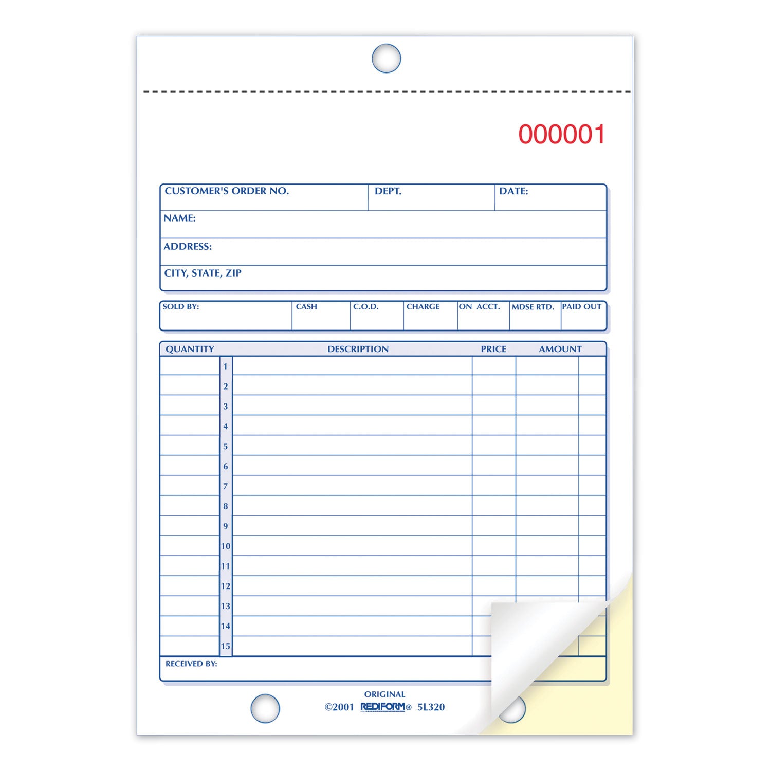 Rediform Sales Book, 15 Lines, Two-Part Carbonless, 5.5 x 7.88, 50 Forms Total (5L320)