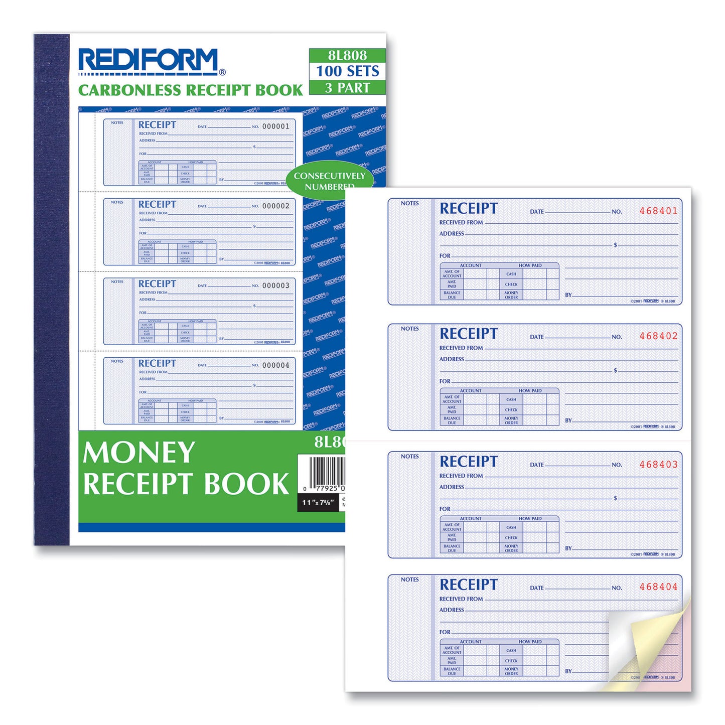 Rediform Money Receipt Book, Softcover, Three-Part Carbonless, 7 x 2.75, 4 Forms/Sheet, 100 Forms Total (8L808)