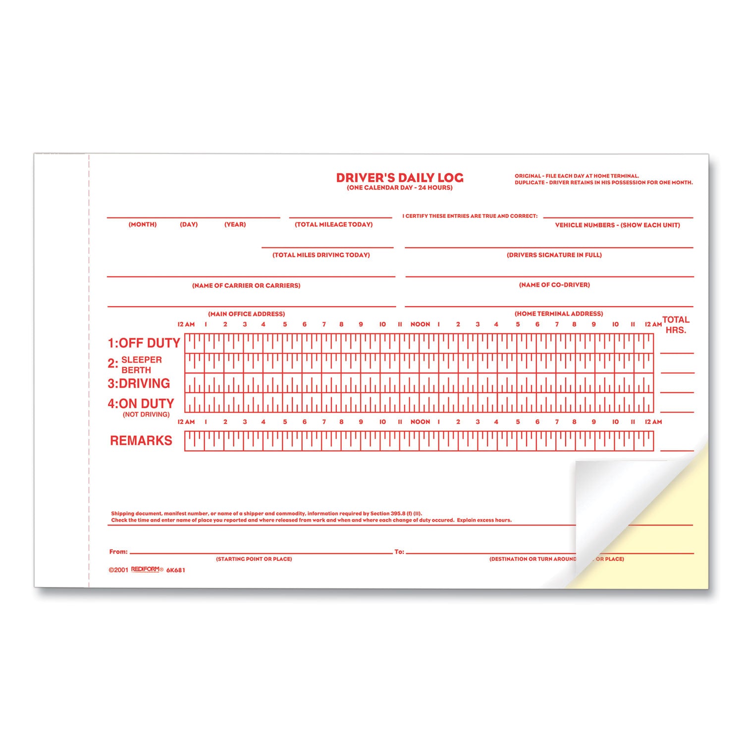 Rediform Driver's Daily Log Book with Daily Record and Hours Summary, Two-Part Carbonless, 7.88 x 5.5, 31 Forms Total (6K681)