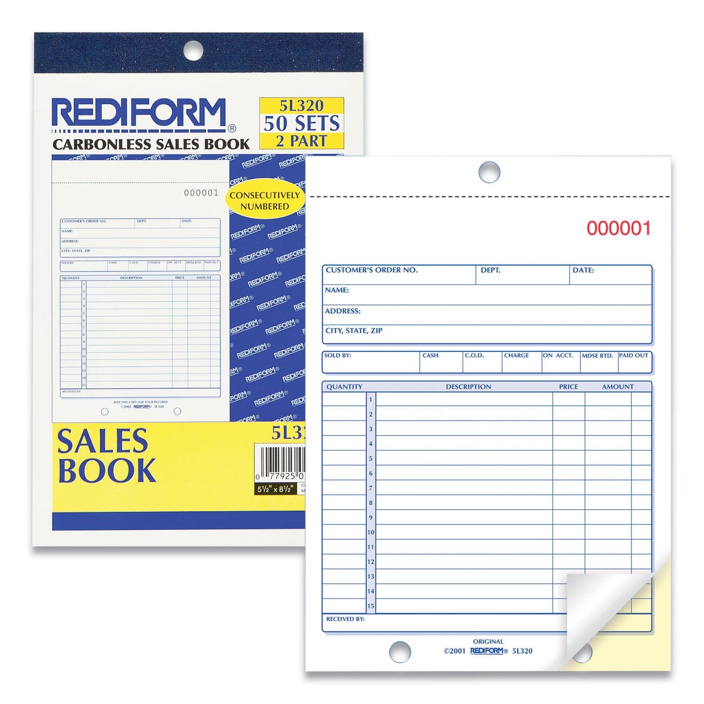 Rediform Sales Book, 15 Lines, Two-Part Carbonless, 5.5 x 7.88, 50 Forms Total (5L320)