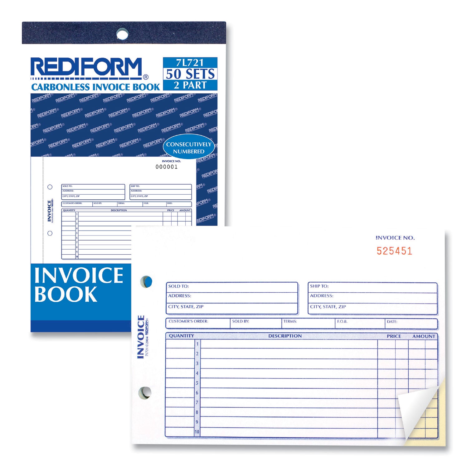 Rediform Invoice Book, Two-Part Carbonless, 5.5 x 7.88, 50 Forms Total (7L721)