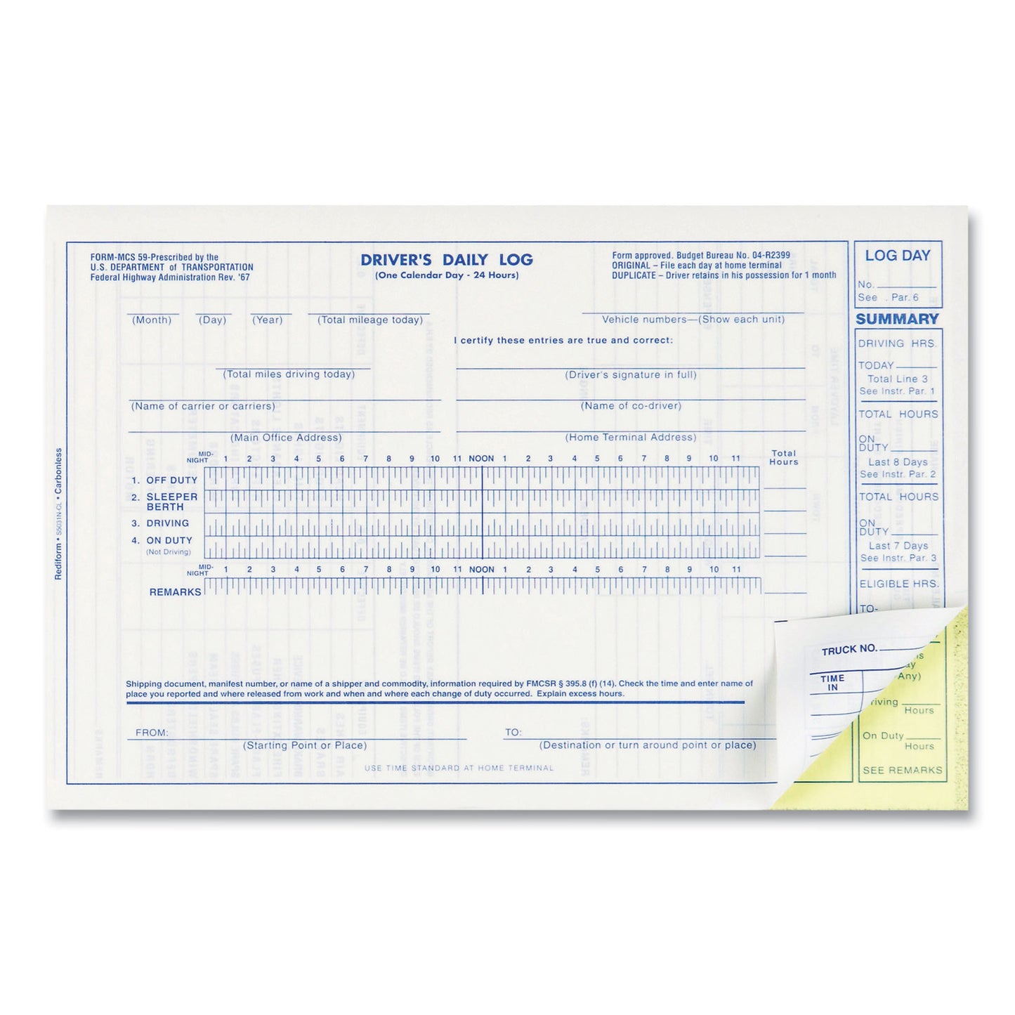 Rediform Driver's Daily Log Book, Two-Part Carbonless, 8.75 x 5.38, 31 Forms Total (S5031NCL)