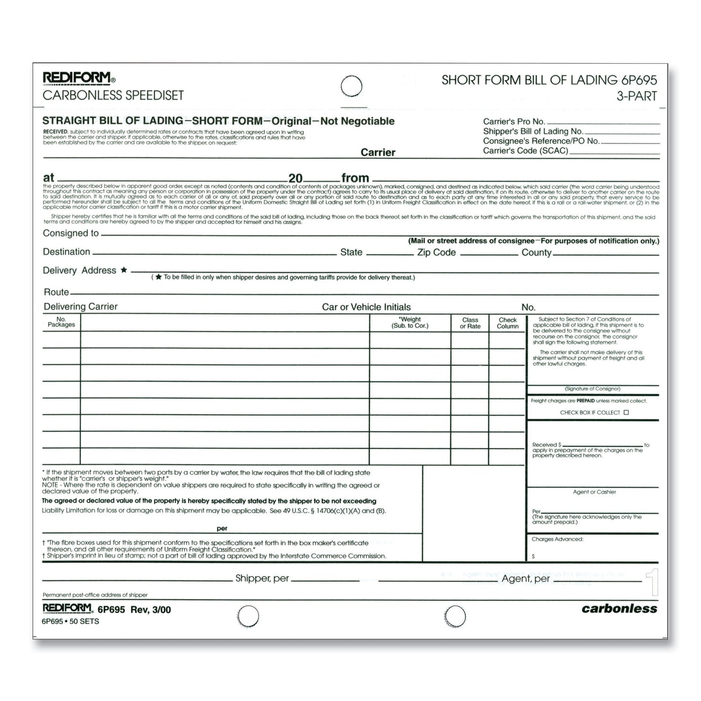 Rediform Speediset Bill of Lading, Short Form, Three-Part Carbonless, 7 x 8.5, 50 Forms Total (6P695)