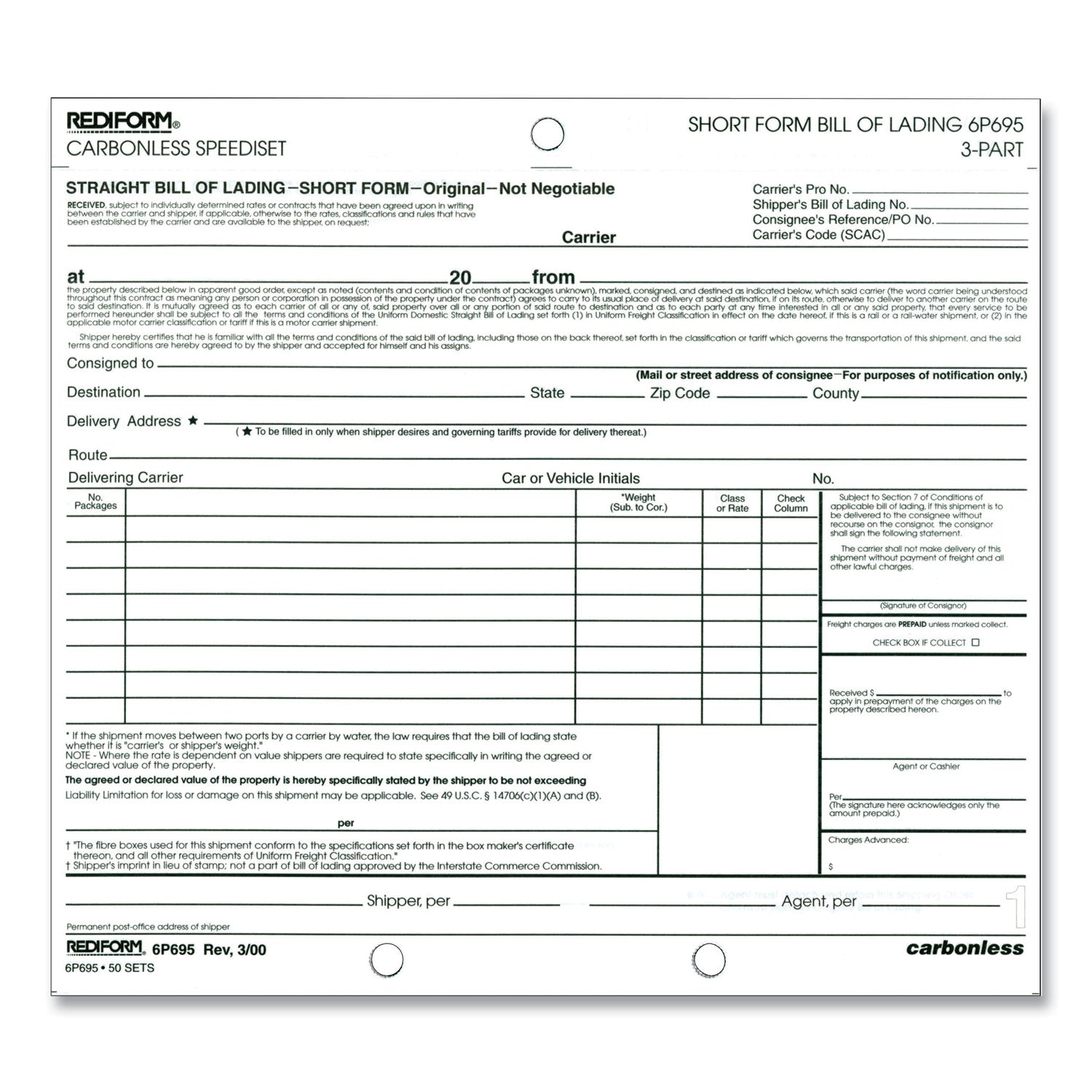 Rediform Speediset Bill of Lading, Short Form, Three-Part Carbonless, 7 x 8.5, 50 Forms Total (6P695)