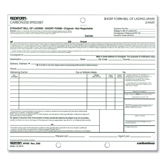 Rediform Speediset Bill of Lading, Short Form, Three-Part Carbonless, 7 x 8.5, 50 Forms Total (6P695)