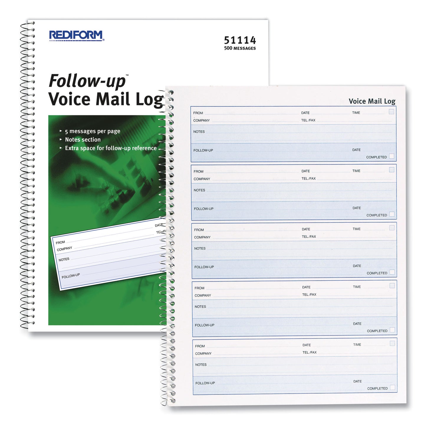 Rediform Follow-up Wirebound Voice Mail Log Book, One-Part (No Copies), 7.5 x 2, 5 Forms/Sheet, 500 Forms Total (51114)