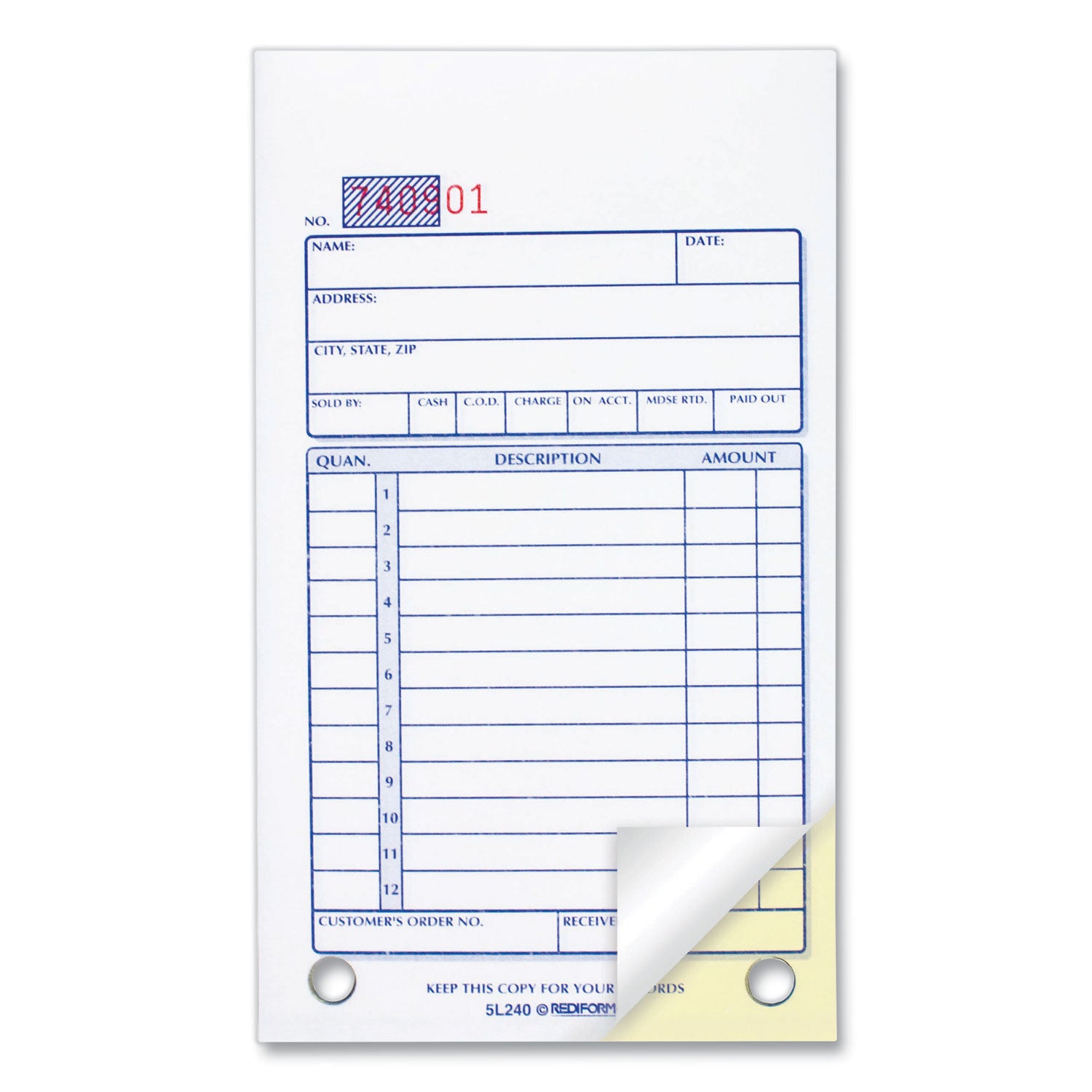 Rediform Sales Book, 12 Lines, Two-Part Carbonless, 3.63 x 6.38, 50 Forms Total (5L240)
