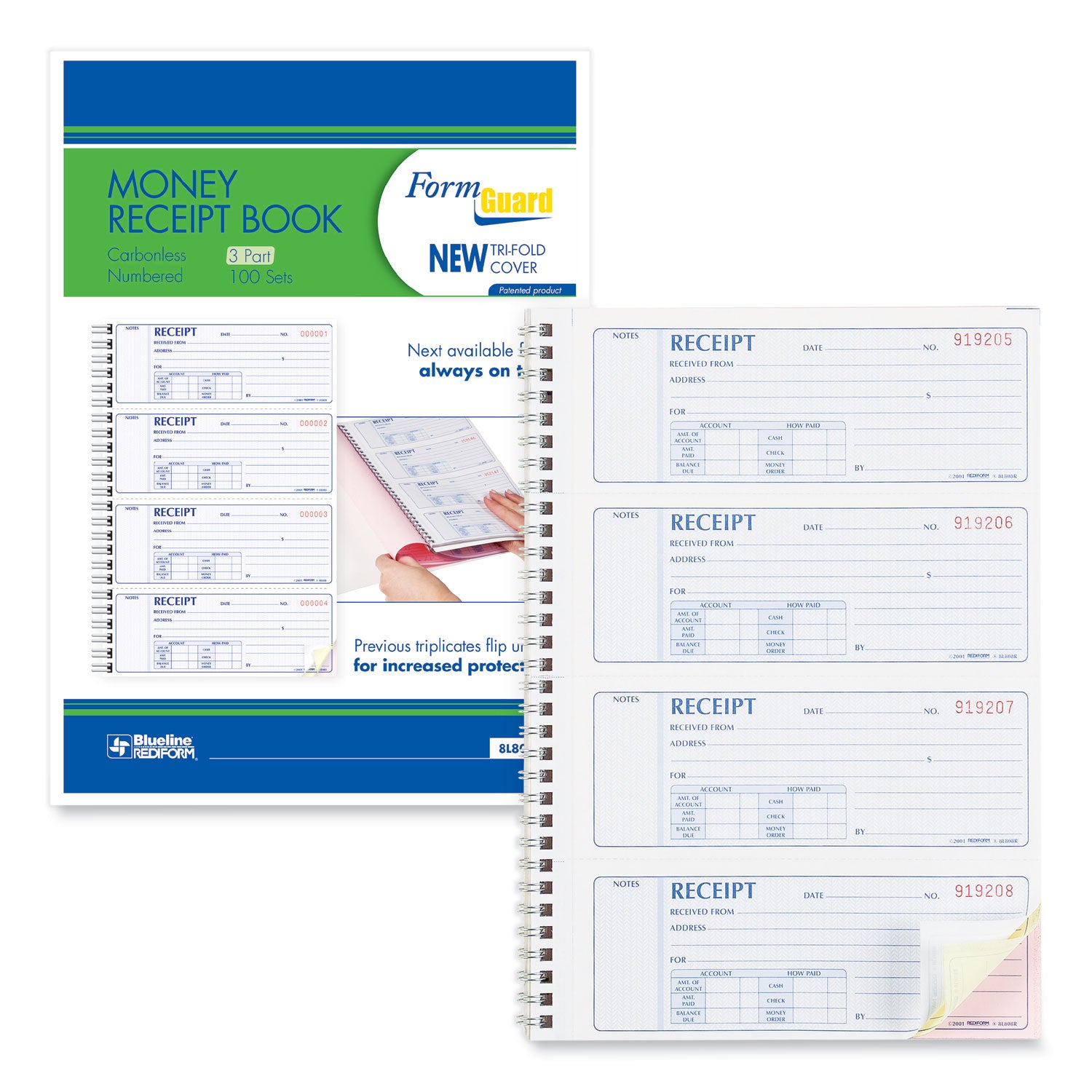 Rediform Money Receipt Book, FormGuard Cover, Three-Part Carbonless, 7 x 2.75, 4 Forms/Sheet, 100 Forms Total (8L808R)