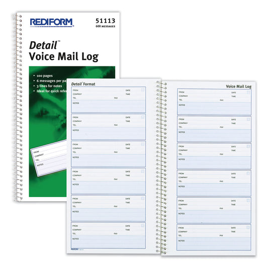 Rediform Detail Wirebound Voice Mail Log Book, One-Part (No Copies), 5 x 1.63, 6 Forms/Sheet, 600 Forms Total (51113)