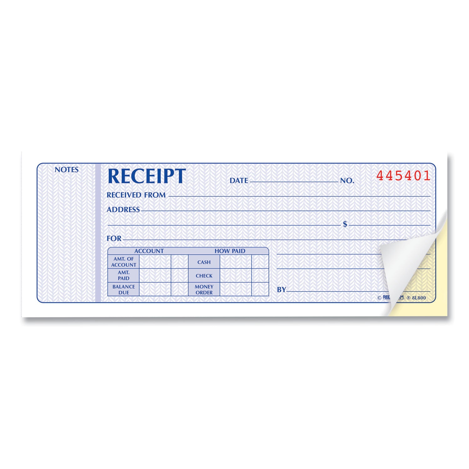 Rediform Receipt Book, Two-Part Carbonless, 7 x 2.75, 4 Forms/Sheet, 100 Forms Total (8L800)