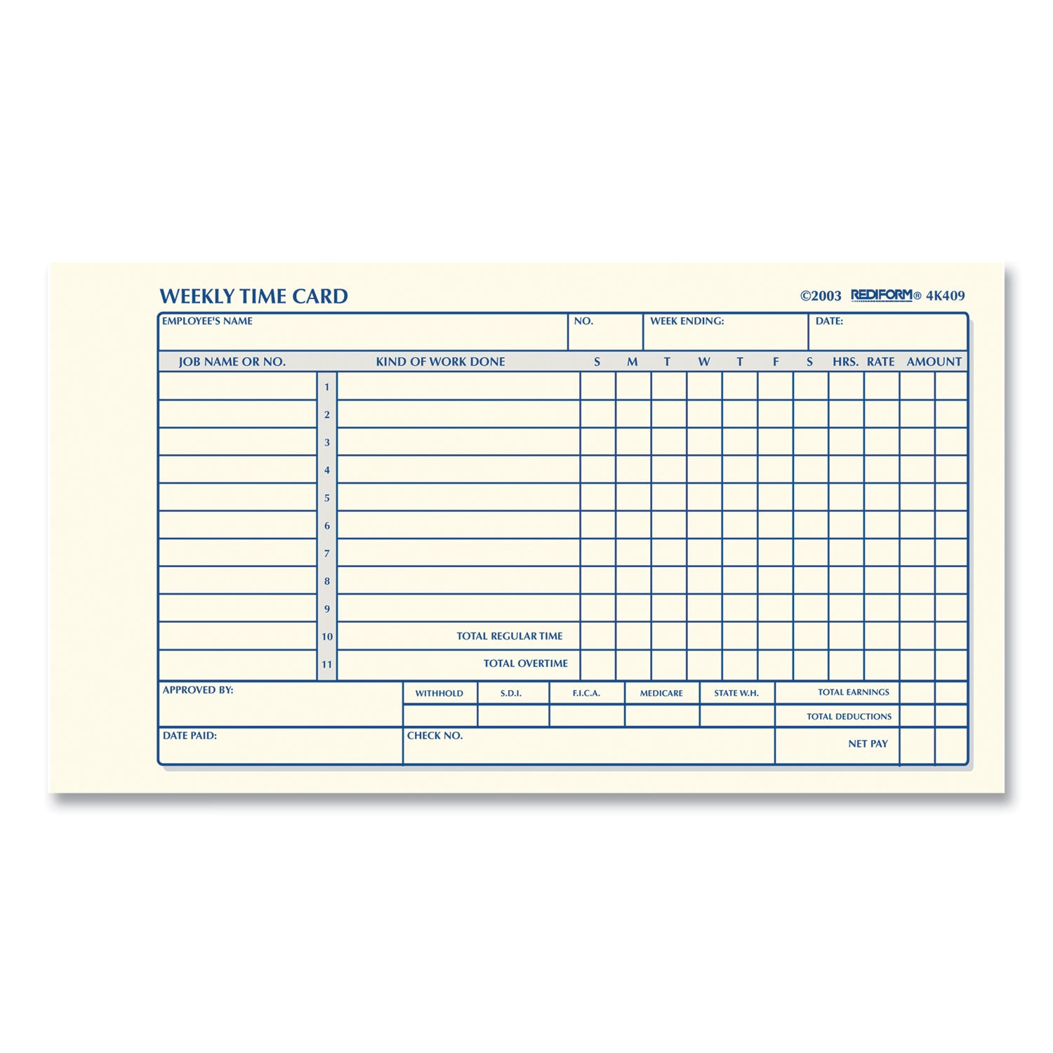 Rediform Weekly Employee Time Cards, One Side, 4.25 x 7, 100/Pad (4K409)