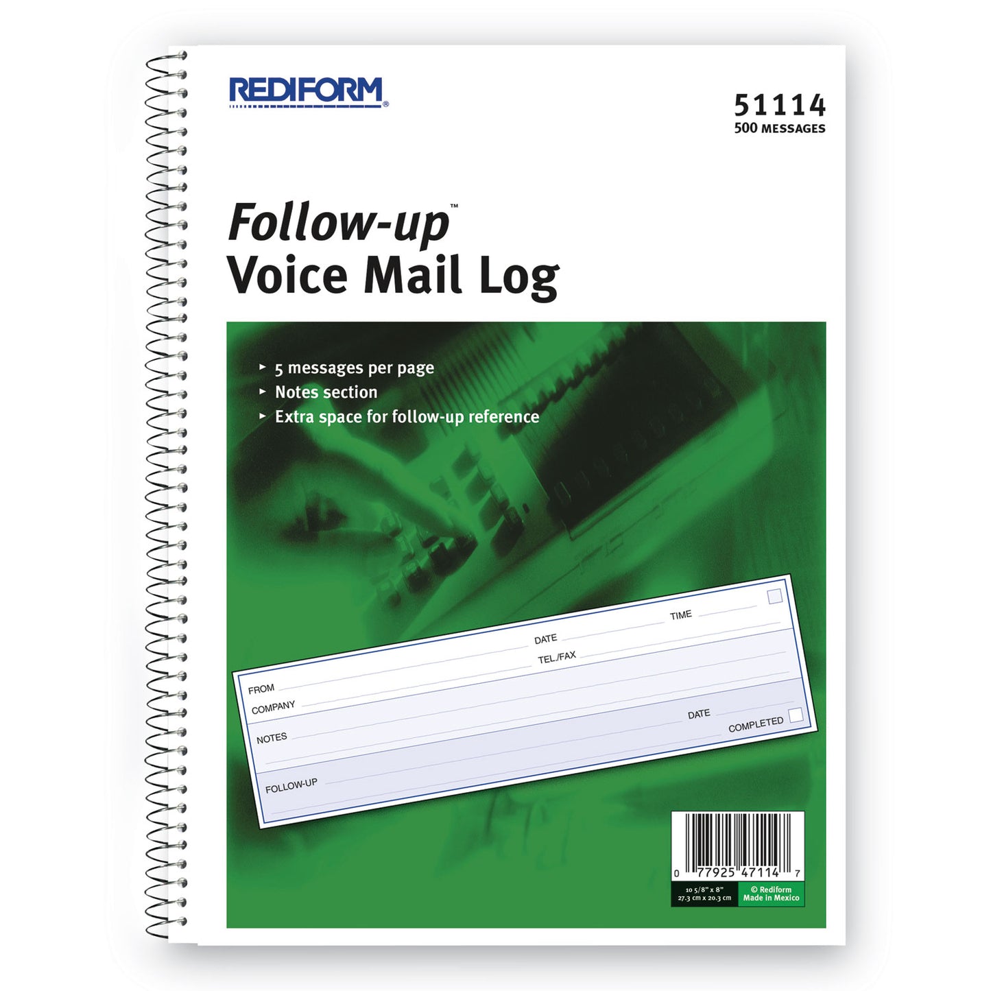 Rediform Follow-up Wirebound Voice Mail Log Book, One-Part (No Copies), 7.5 x 2, 5 Forms/Sheet, 500 Forms Total (51114)