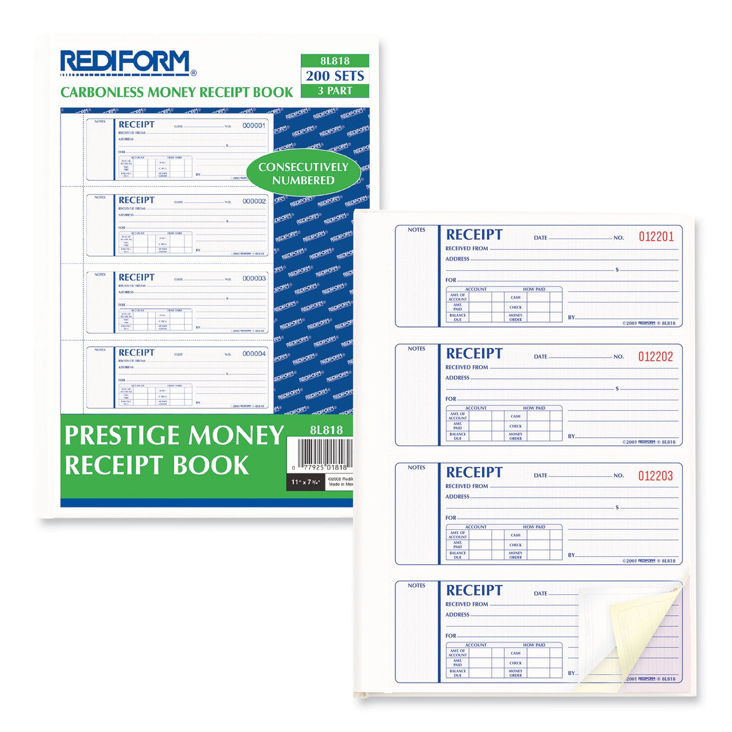 Rediform Money Receipt Book, Hardcover, Three-Part Carbonless, 7 x 2.75, 4 Forms/Sheet, 200 Forms Total (8L818)