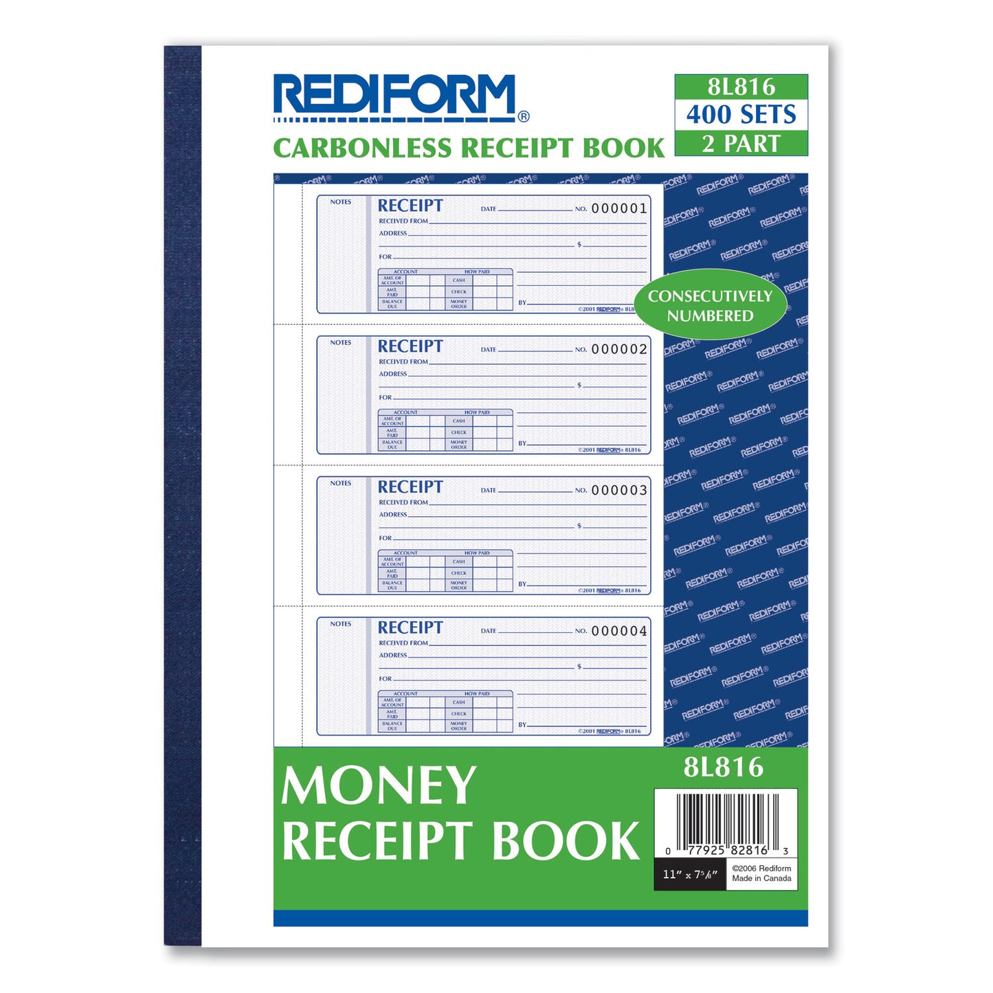 Rediform Receipt Book, Two-Part Carbonless, 7 x 2.75, 4 Forms/Sheet, 400 Forms Total (8L816)