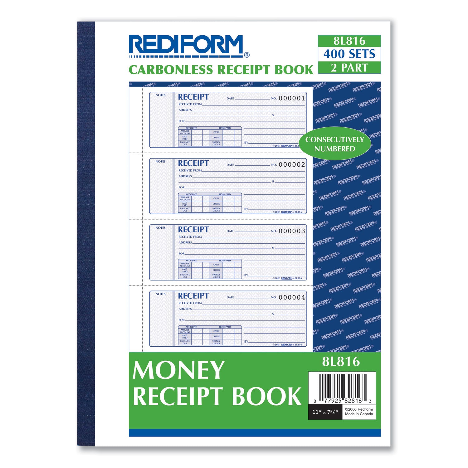 Rediform Receipt Book, Two-Part Carbonless, 7 x 2.75, 4 Forms/Sheet, 400 Forms Total (8L816)