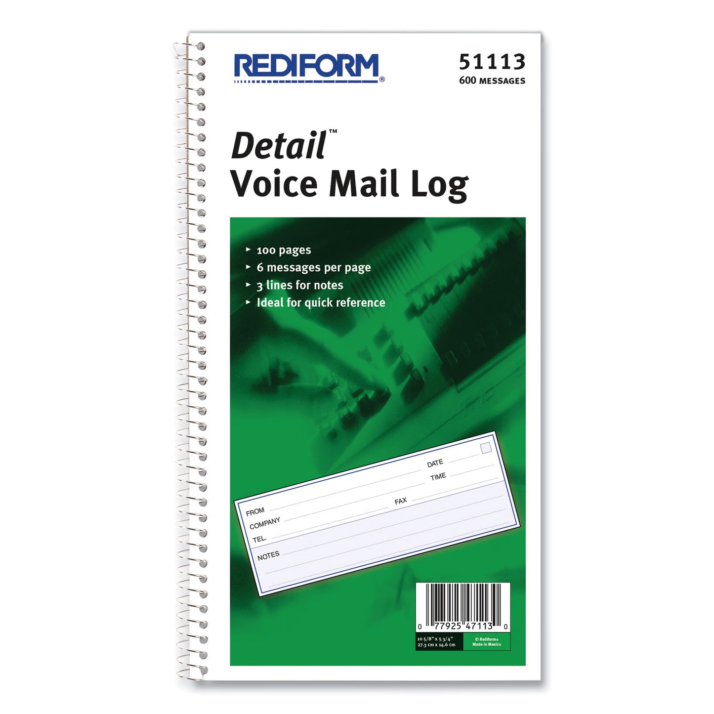 Rediform Detail Wirebound Voice Mail Log Book, One-Part (No Copies), 5 x 1.63, 6 Forms/Sheet, 600 Forms Total (51113)