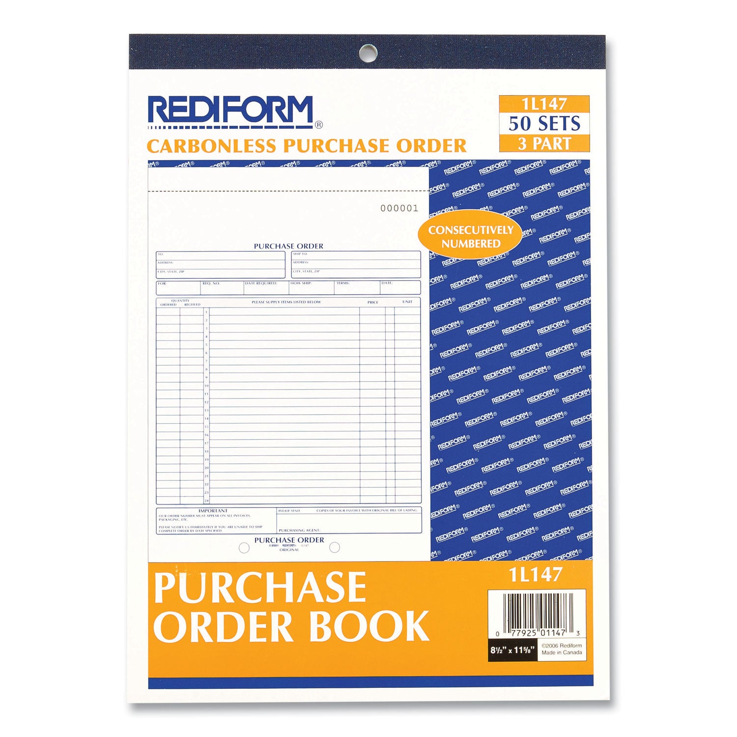 Rediform Purchase Order Book, 17 Lines, Three-Part Carbonless, 8.5 x 11, 50 Forms Total (1L147)