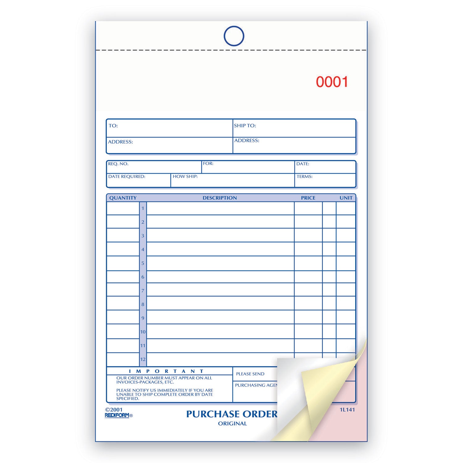 Rediform Purchase Order Book, 12 Lines, Three-Part Carbonless, 5.5 x 7.88, 50 Forms Total (1L141)