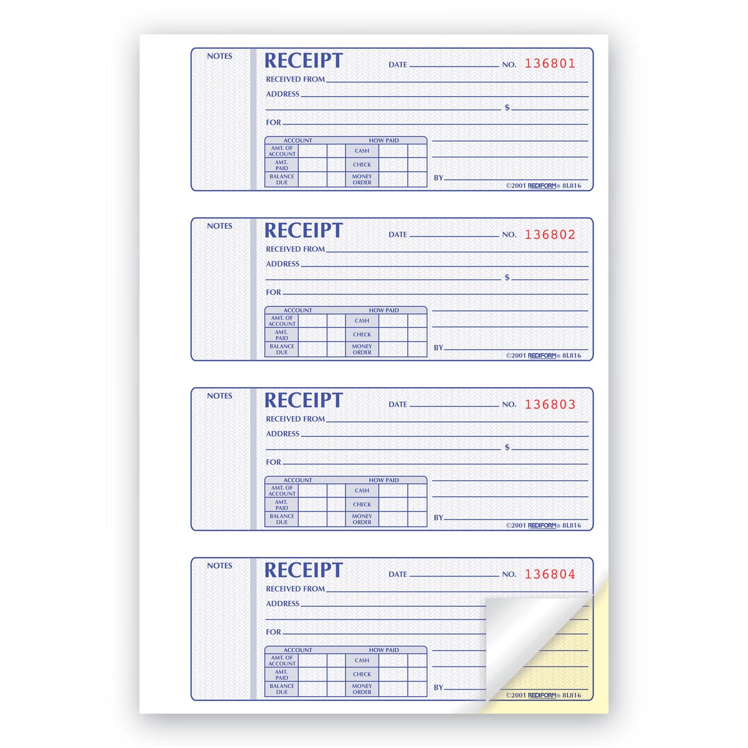 Rediform Receipt Book, Two-Part Carbonless, 7 x 2.75, 4 Forms/Sheet, 400 Forms Total (8L816)