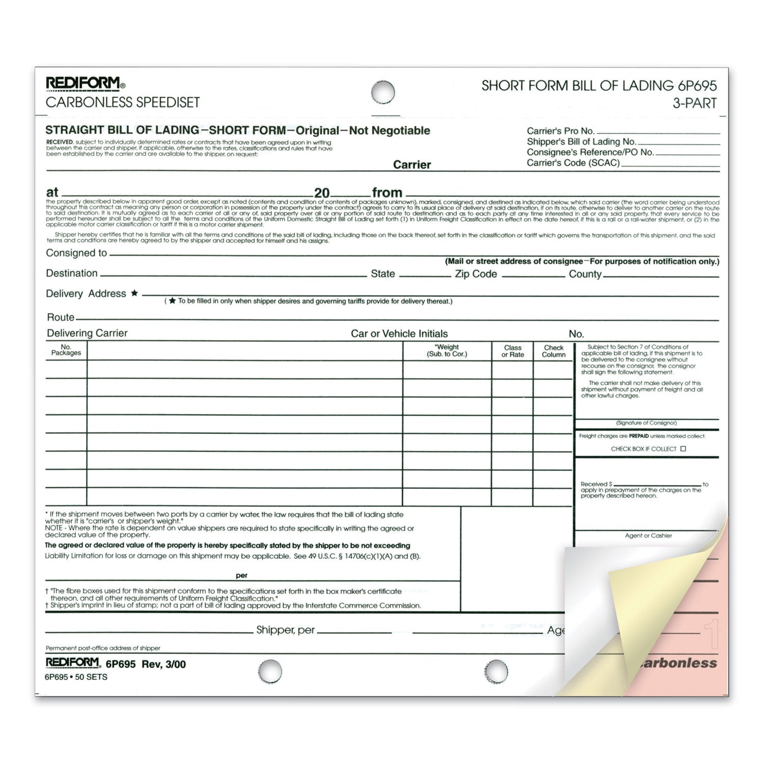 Rediform Speediset Bill of Lading, Short Form, Three-Part Carbonless, 7 x 8.5, 50 Forms Total (6P695)
