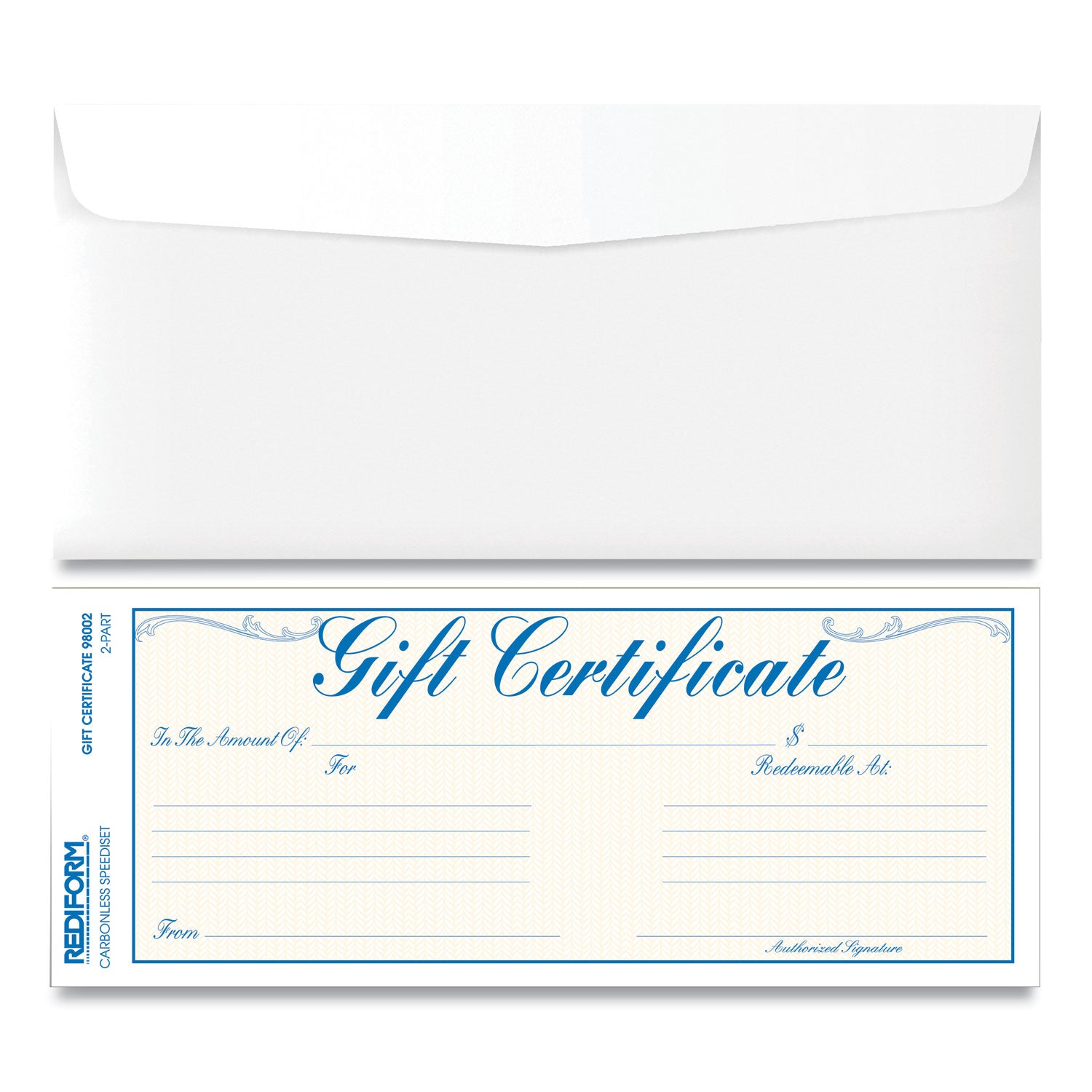 Rediform Gift Certificates with Envelopes, 8.5 x 3.67, Blue/Gold with Blue Border, 25/Pack (98002)