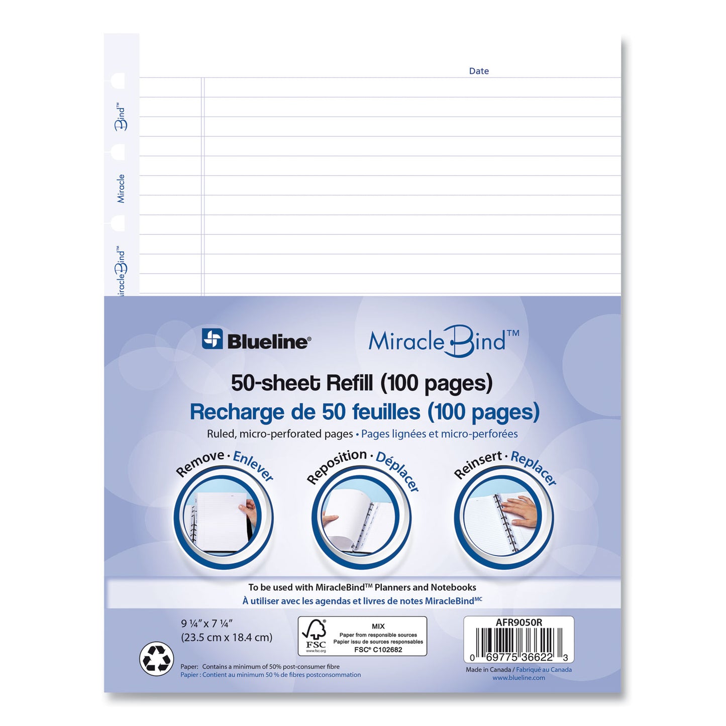 Blueline MiracleBind Ruled Paper Refill Sheets for all MiracleBind Notebooks and Planners, 9.25 x 7.25, White/Blue Sheets, Undated (AFR9050R)