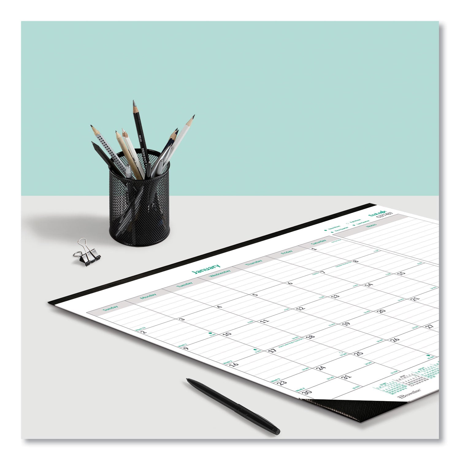 Brownline EcoLogix Monthly Desk Pad Calendar, 22 x 17, White/Green Sheets, Black Binding/Corners, 12-Month (Jan to Dec): 2025 (C177437)